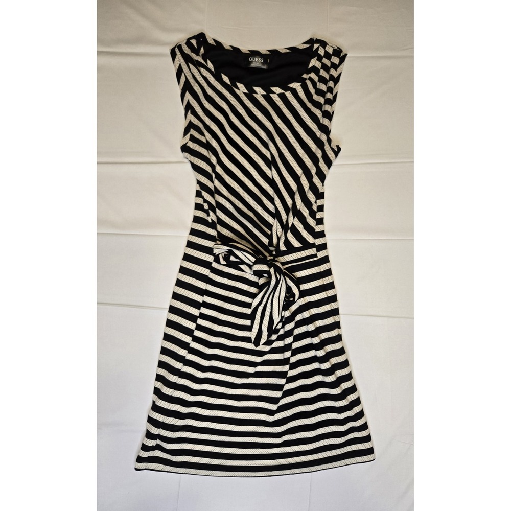 Guess Sleeveless Striped Mini Dress Wrap Tie Small Black/Cream Pullover Luxe